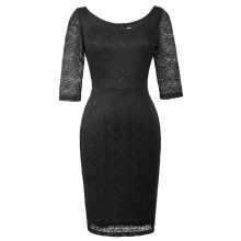 Kate Kasin Frauen 3/4 Ärmel Rundhals Hüften-Wrapped Schwarz Spitze Bodycon Bleistift Kleid KK000506-1